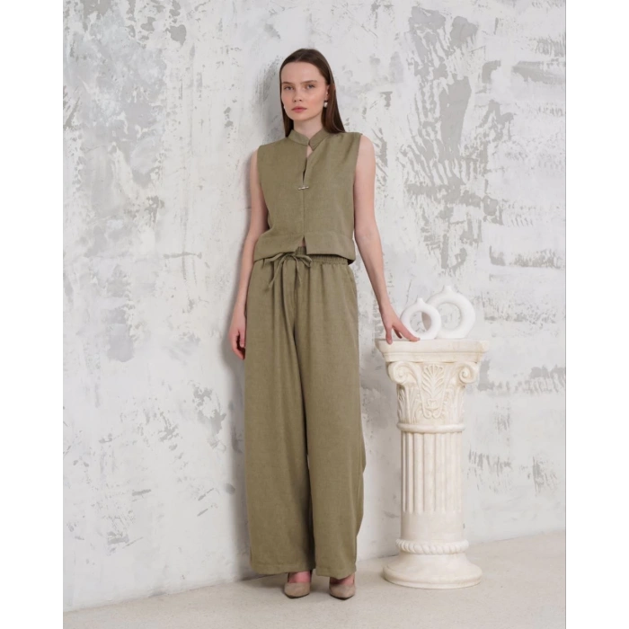 Broşlu yelek pantolon takım haki s255821