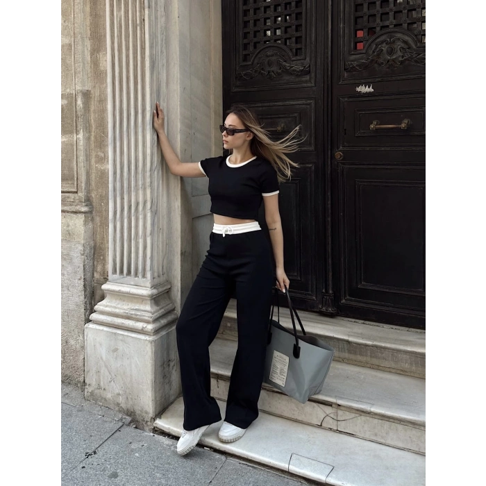 Crop pantolon biyeli takım siyah