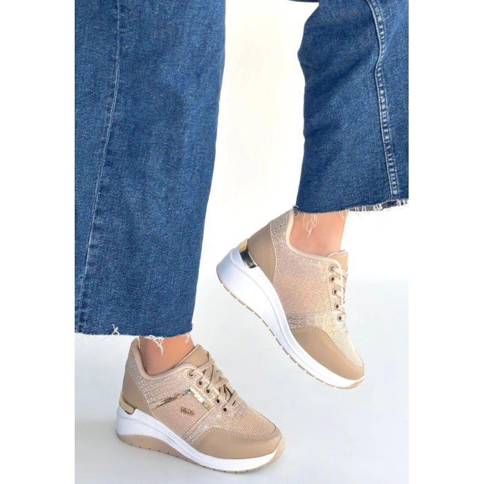 Geja Bej Cilt Bağcıklı Spor Ayakkabı