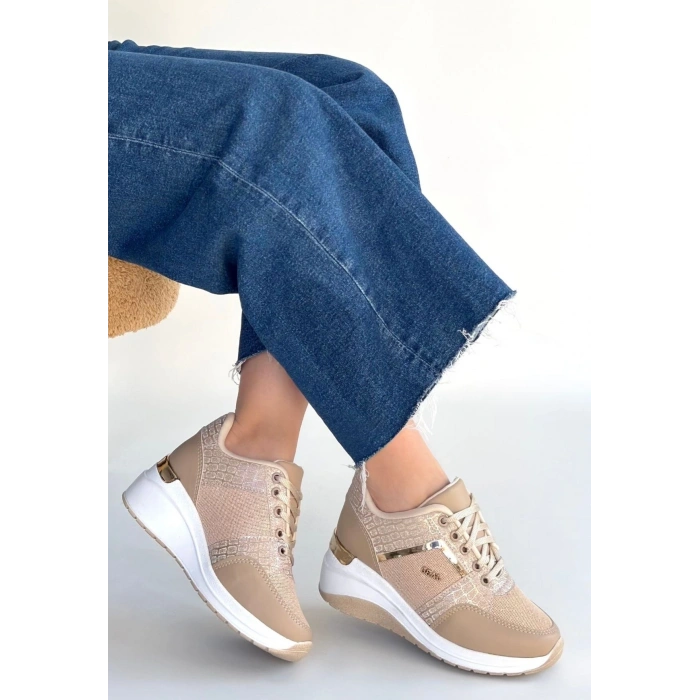 Geja Bej Cilt Bağcıklı Spor Ayakkabı