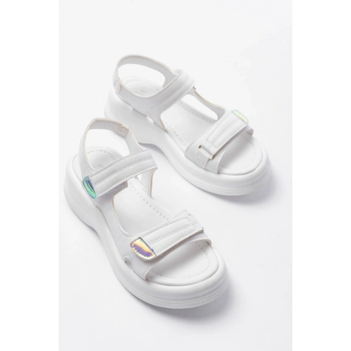 Ginya Beyaz Cilt Cırt Cırtlı Sandalet