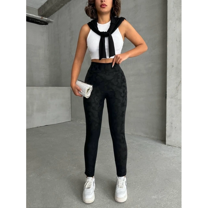 Gizli yan fermuarlı bulut desenli tayt siyah h248638