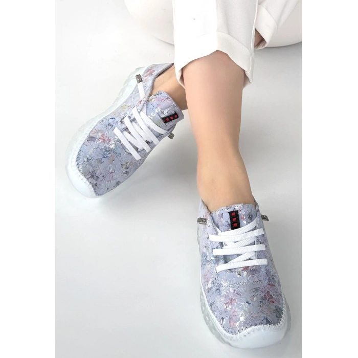 Kinte Lila Desenli Deri Bağcıklı Spor Ayakkabı