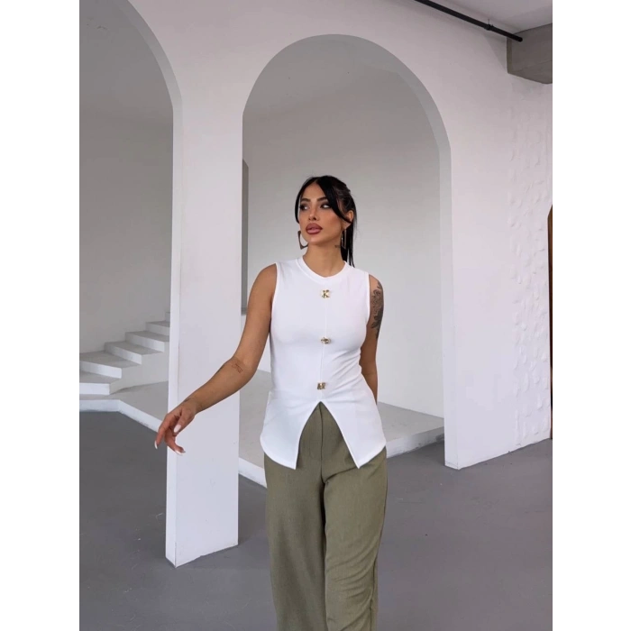 Kadın beyaz bisiklet yaka gold düğmeli ottoman bluz s2310