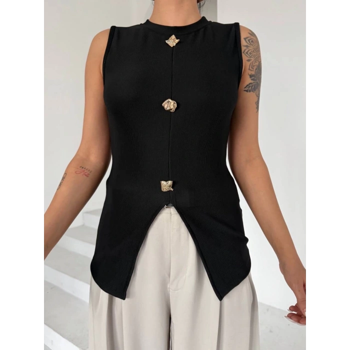 Kadın siyah bisiklet yaka gold düğmeli ottoman bluz s2310