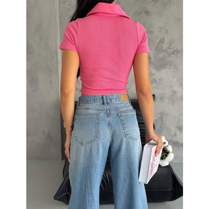 kaşkorse yaka fermuarlı bluz fuşya