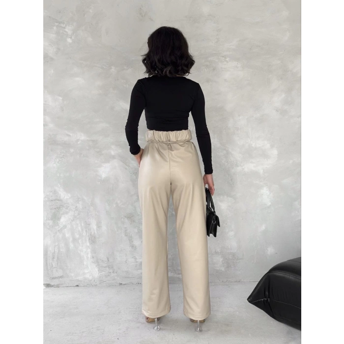 Kendinden ince kemerli deri pantolon bej t1178