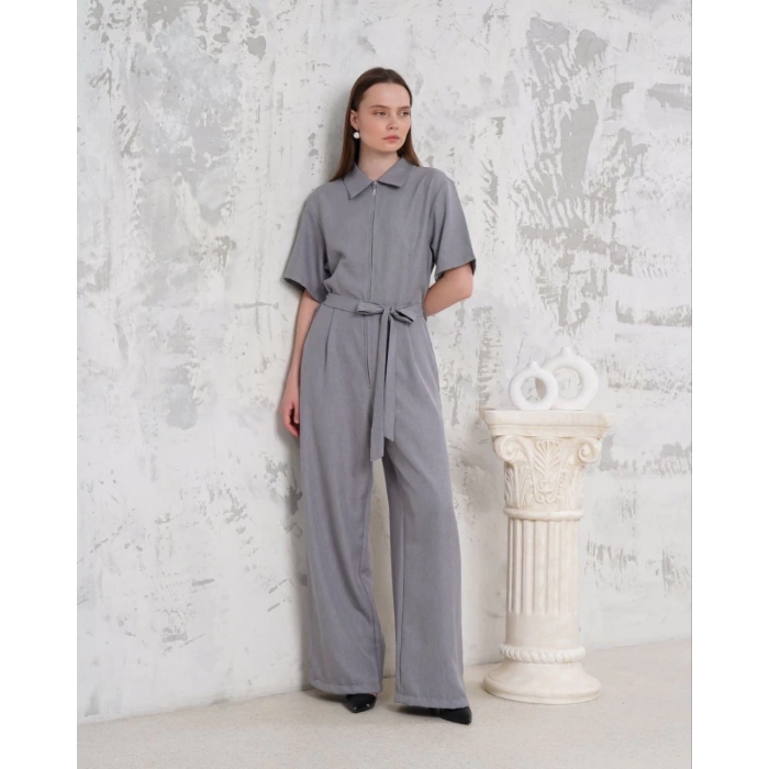 Kuşaklı gömlek yaka salaş tulum gri s255822