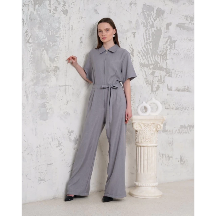 Kuşaklı gömlek yaka salaş tulum gri s255822