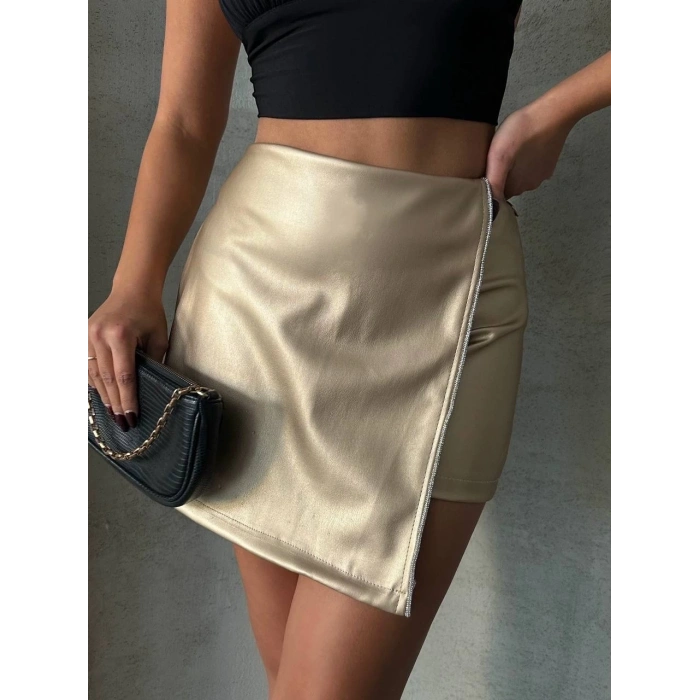 Taşlı şort etek deri gold h240018