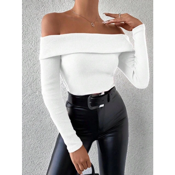 Uzun kol madonna yaka bluz beyaz