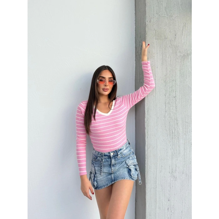V yaka çizgili bluz pembe A3699