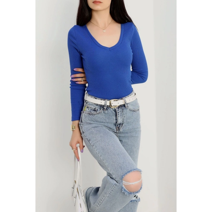 V yaka kaşkorse bluz saks mavisi a3699