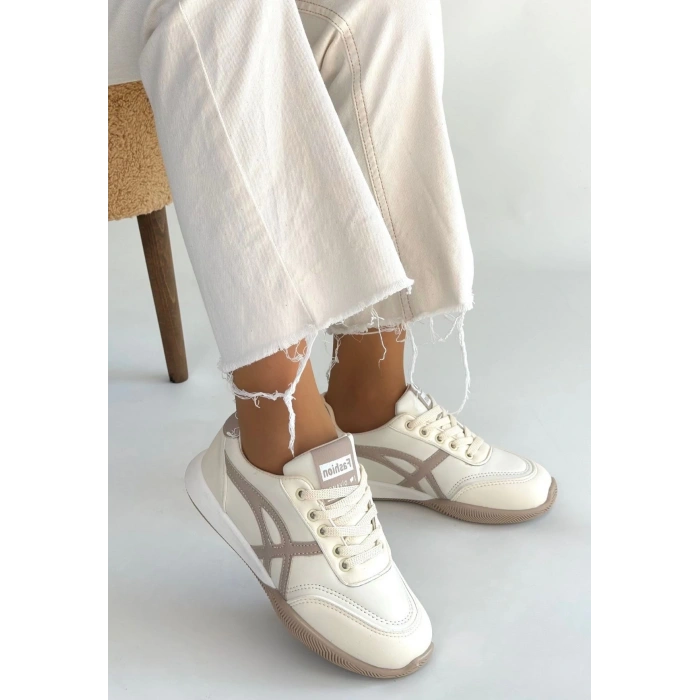 Zlay Bej Cilt Vizon Detaylı Bağcıklı Spor Ayakkabı