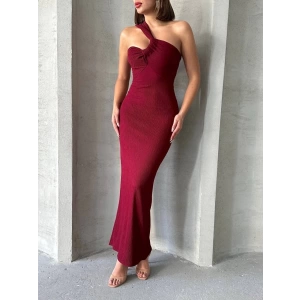 Krinkıl tek omuz uzun elbise bordo s25455