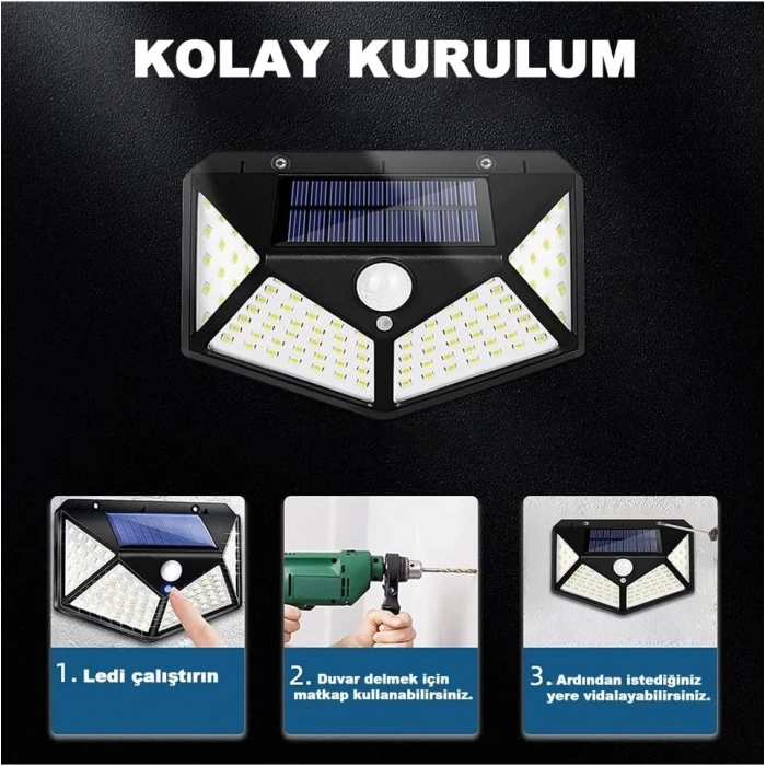 100 Led Dış Mekan Solar Aydınlatma Fotoselli Solar Lamba Hareket Sensörlü