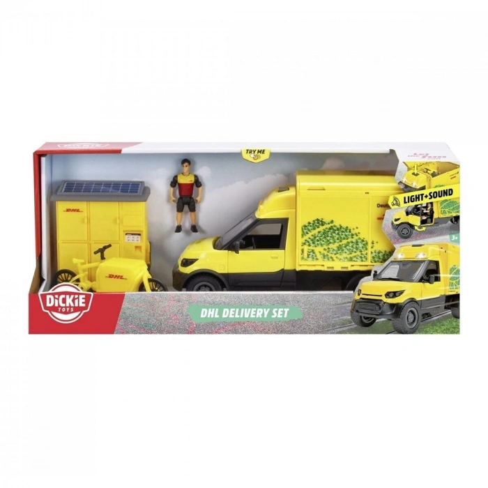 203747020 Dickie Dhl Delivery Setfreewheel Delivery Vehicle Packaging Statio