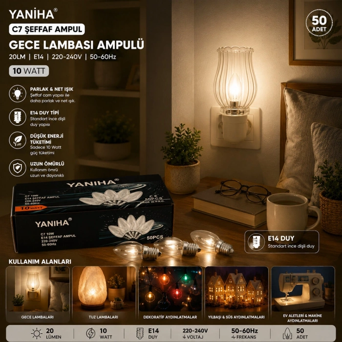 50 Adet Şeffaf Gece Lambası Ampul E14 - 10w C7 (5580)