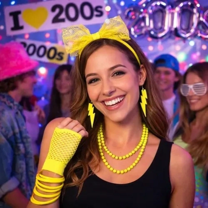 80’ler 90’lar Neon Sarı Parti Seti – Kolye Küpe Taç