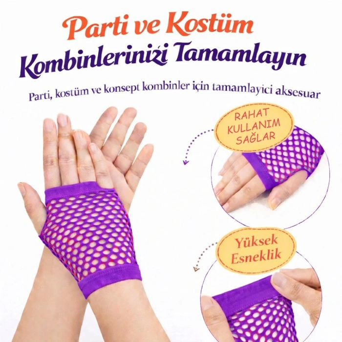 80’ler 90’lar Retro Mor File Parmaksız Kısa Eldiven 11 Cm (5580)