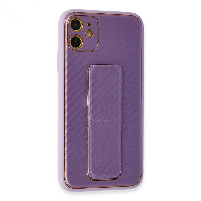 Apple İphone 12 Kılıf Coco Karbon Standlı Kapak - Mor