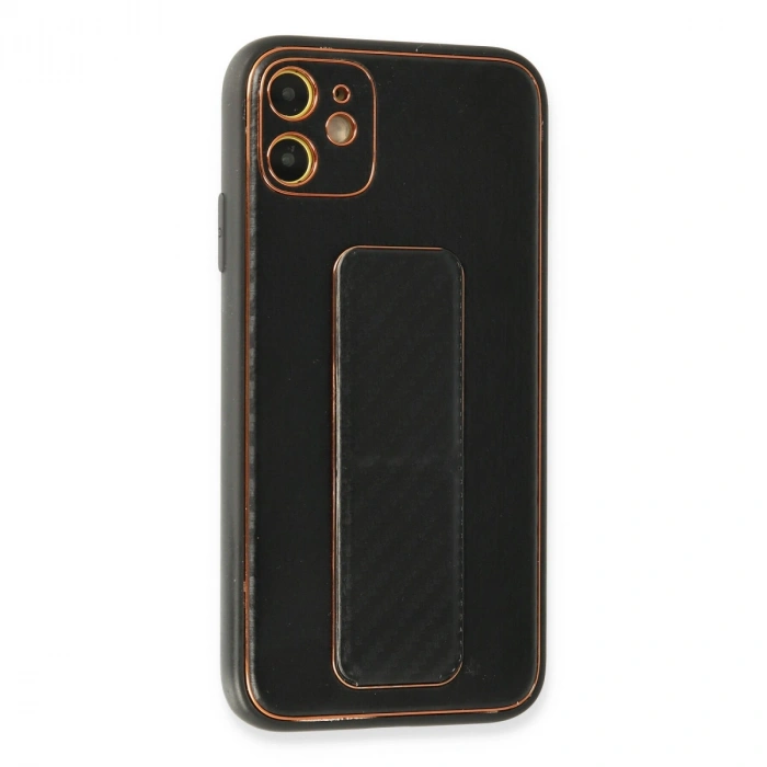 Apple İphone 12 Kılıf Coco Karbon Standlı Kapak - Siyah