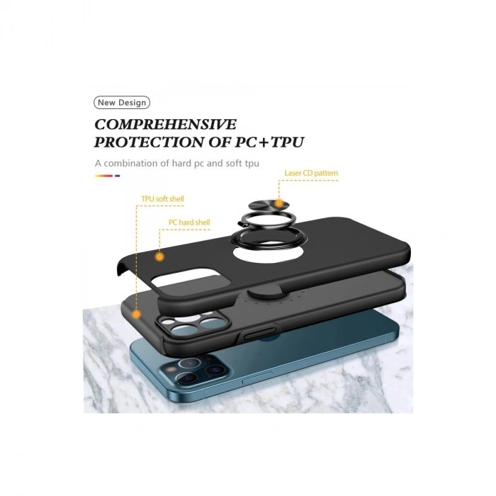 Apple İphone 12 Pro Kılıf Elit Yüzüklü Kapak - Siyah