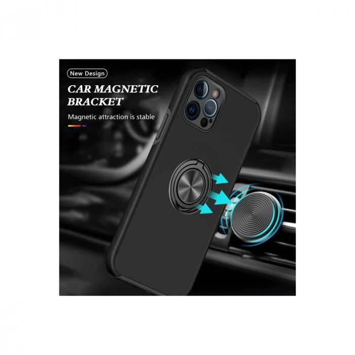 Apple İphone 12 Pro Max Kılıf Elit Yüzüklü Kapak - Siyah