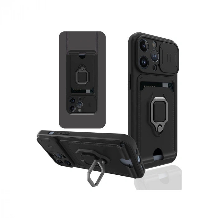 Apple İphone 13 Pro Kılıf Zuma Kartvizitli Yüzüklü Silikon - Siyah