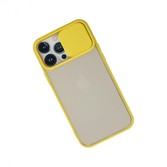 Apple İphone 13 Pro Max Kılıf Palm Buzlu Kamera Sürgülü Silikon - Sarı