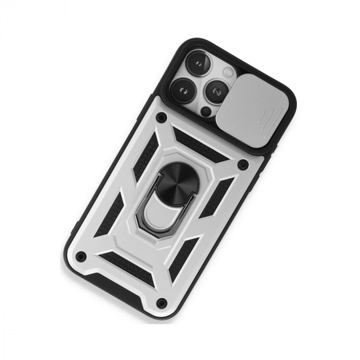 Apple İphone 15 Pro Max Kılıf Pars Lens Yüzüklü Silikon - Gümüş