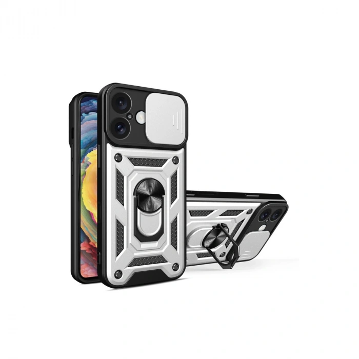 Apple İphone 16 Kılıf Pars Lens Yüzüklü Silikon - Gümüş