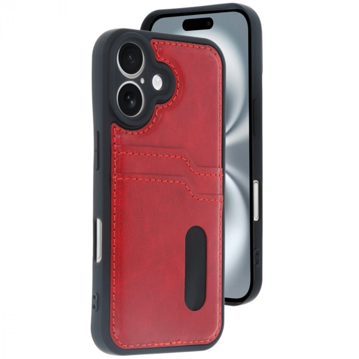 Apple İphone 16 Kılıf Sara Kartvizitli Deri Kılıf - Kırmızı