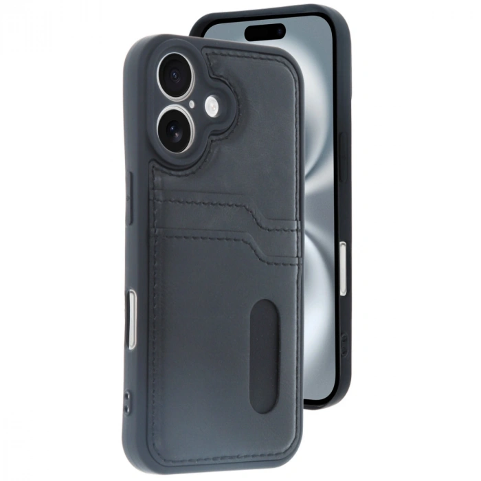 Apple İphone 16 Kılıf Sara Kartvizitli Deri Kılıf - Siyah