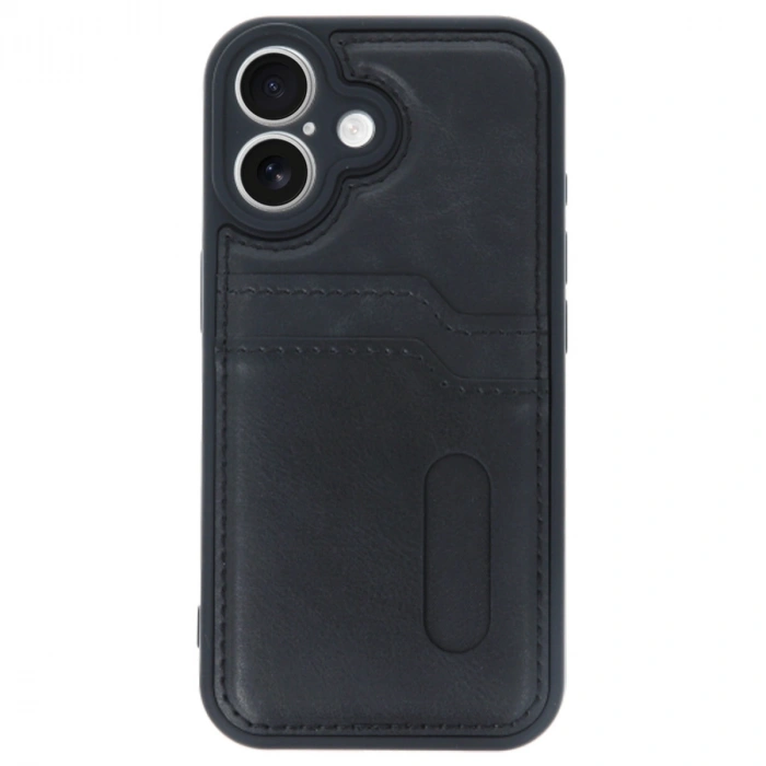 Apple İphone 16 Kılıf Sara Kartvizitli Deri Kılıf - Siyah