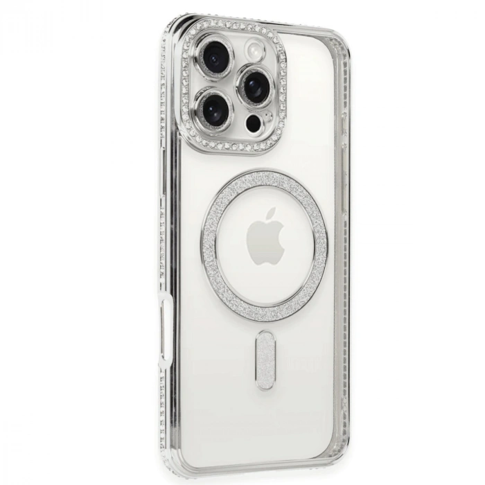 Apple İphone 16 Pro Kılıf Joke Simli Magneticsafe Kılıf - Gümüş