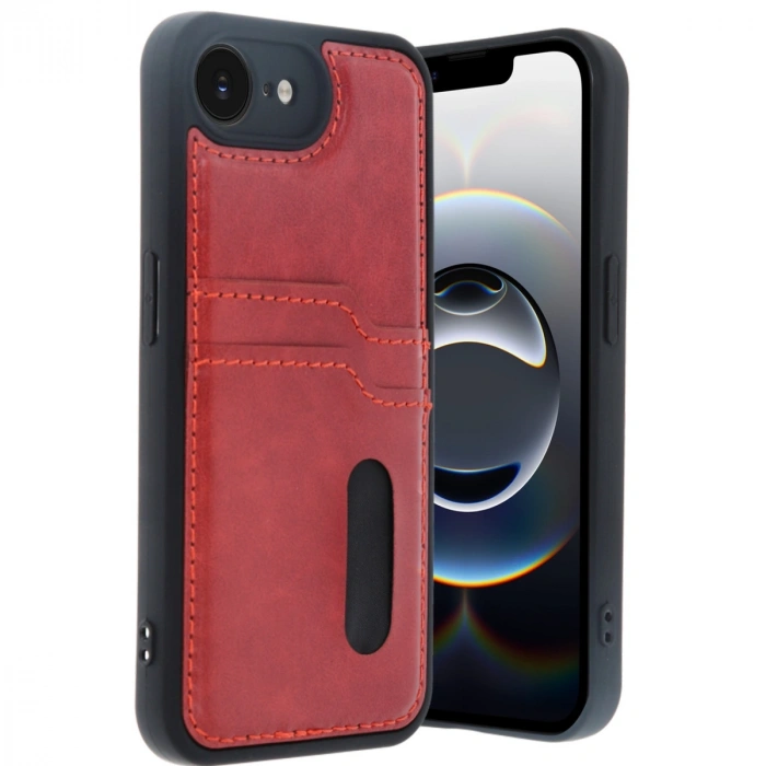 Apple İphone 16e Kılıf Sara Kartvizitli Deri Kılıf - Kırmızı