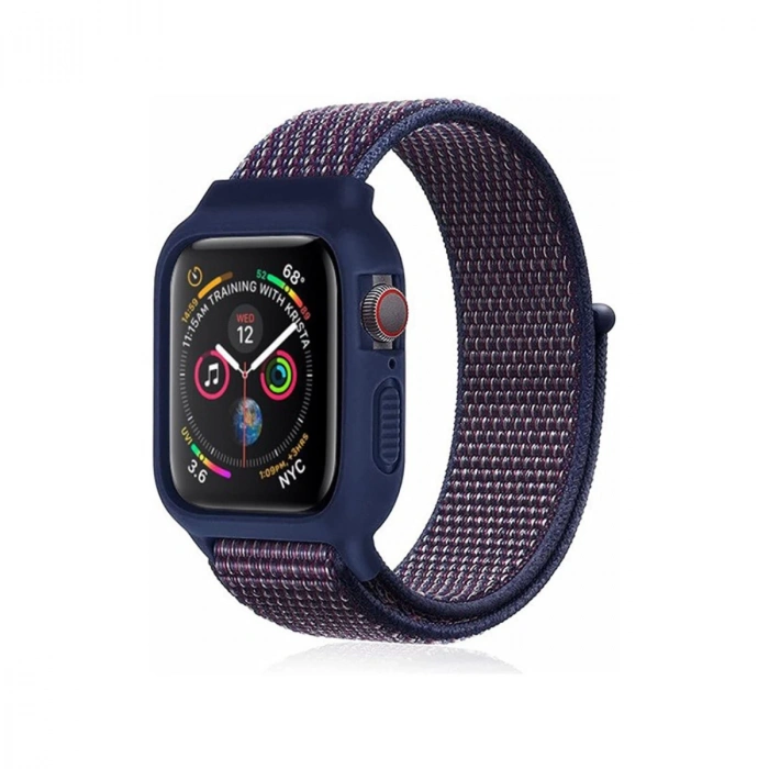 Apple Watch 38mm Hasırlı Cırtcırtlı Kasalı Kordon (saat Değildir) - Lacivert-mürdüm