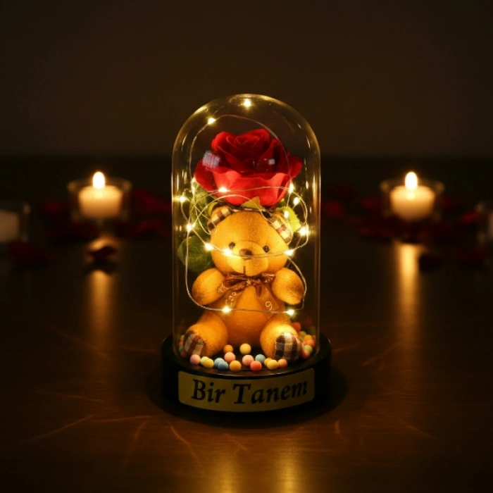 Ayıcıklı Ledli Gül Fanus