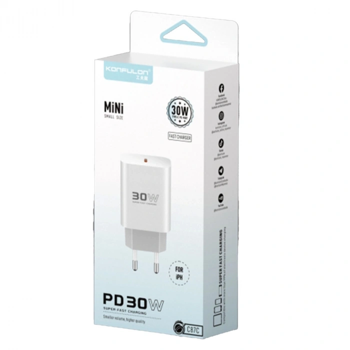 C87c 30w Type-c Çıkışlı Ekstra Dl50 1m Type-c To Lightning Kablolu Pd Şarj Cihazı - Beyaz