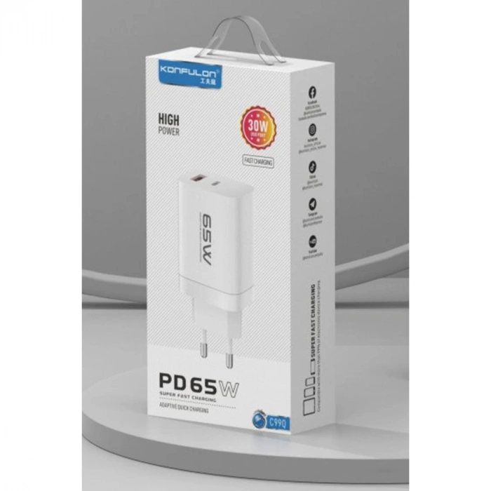 C99Q 65w Pd Destekli Type-c Ve Usb Çift Çıkışlı Hızlı Şarj Adaptörü - Beyaz