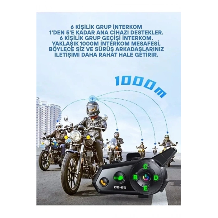 D2-6x 1000m Mesafeli 6 Kanallı İntercom Bluetooth Motosiklet Kask Kulaklığı İntercom Kulaklık