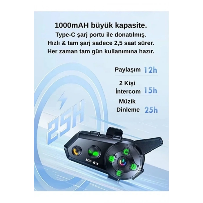 D2-6x 1000m Mesafeli 6 Kanallı İntercom Bluetooth Motosiklet Kask Kulaklığı İntercom Kulaklık