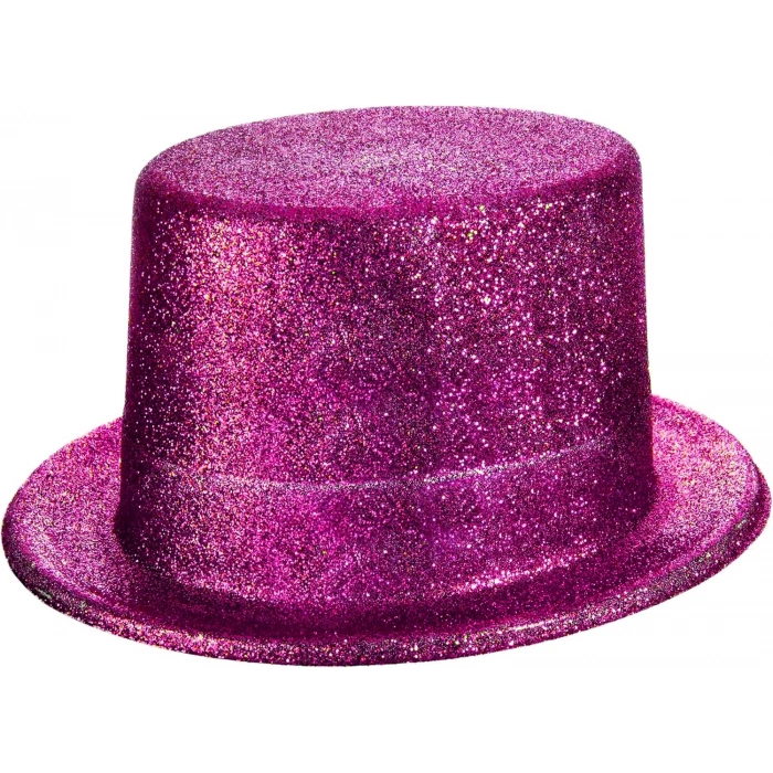Fuşya Pembe Renk Parıltılı Simli Fötr Silindir Parti Şapkası