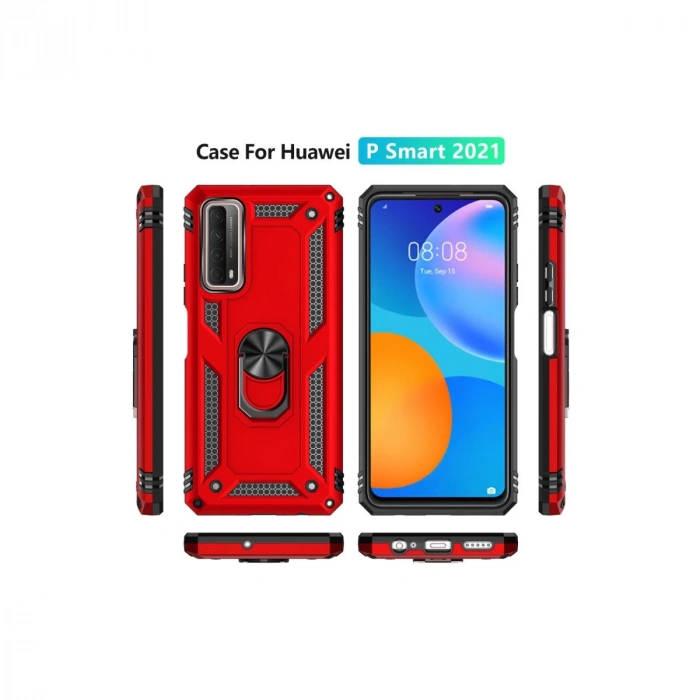 Huawei P Smart 2021 Kılıf Sofya Yüzüklü Silikon Kapak - Kırmızı