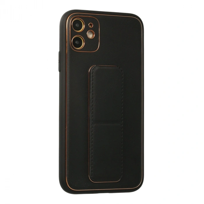 İphone 12 Kılıf Coco Deri Standlı Kapak - Siyah