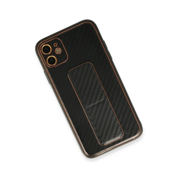 İphone 12 Kılıf Coco Karbon Standlı Kapak - Siyah