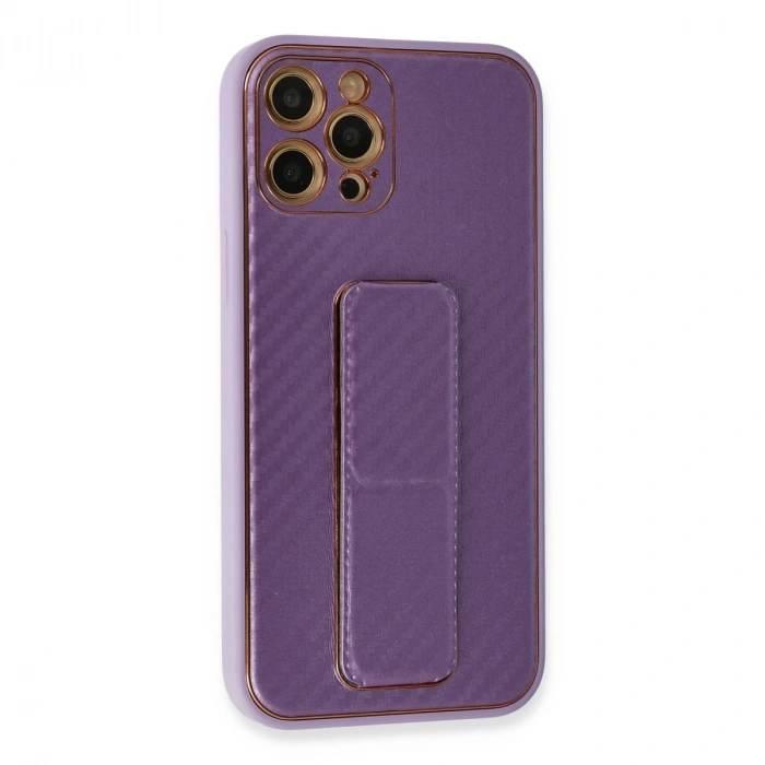İphone 12 Pro Kılıf Coco Karbon Standlı Kapak - Mor