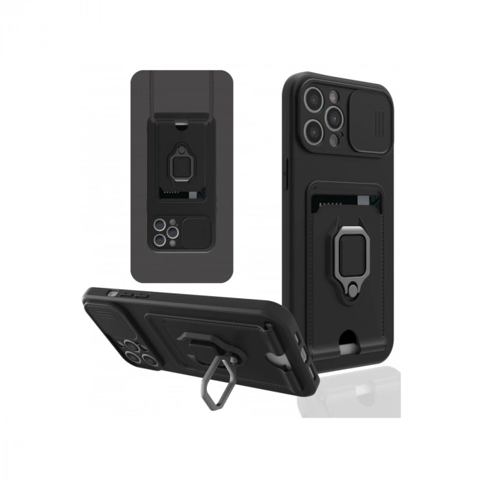 İphone 12 Pro Max Kılıf Zuma Kartvizitli Yüzüklü Silikon - Siyah