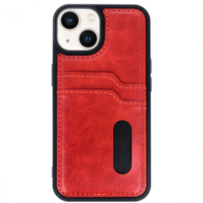 İphone 14 Kılıf Sara Kartvizitli Deri Kılıf - Kırmızı